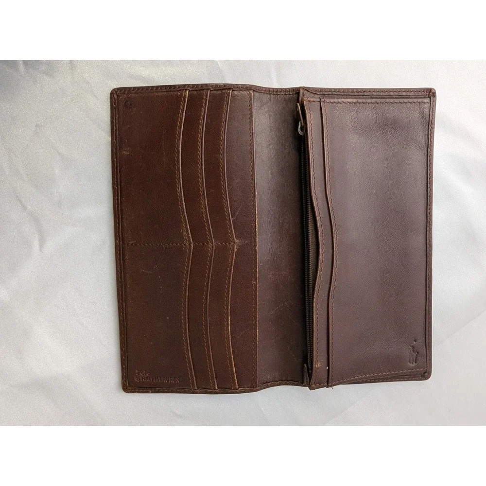 Vintage Polo Ralph Lauren Long Wallet Bifold Brown Tartan‎ Leather Checkbook